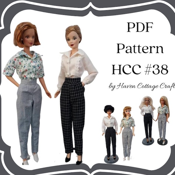 HCC #38 PDF Pattern for 1:6 female fashion doll, blouse and trousers with side seam pockets