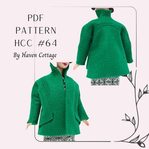 May include: PDF pattern for a green coat, labeled "HCC #64" by Haven Cottage. The pattern is shown on a doll wearing the coat.