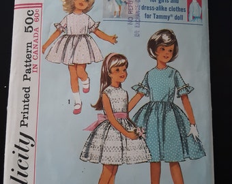 Vintage Simplicity 5859 (4) pattern for a girl's dress and matching dress for 12" Tammy Doll, cut, complete
