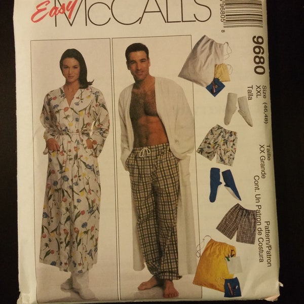 Easy McCalls 9680 XXL(46,48) unisex robe, pull on pants/shorts, bootees and pouch pattern, uncut