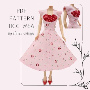 HCC #66 PDF Pattern for 11 1/2" female fashion doll, gathered inset bodice dress