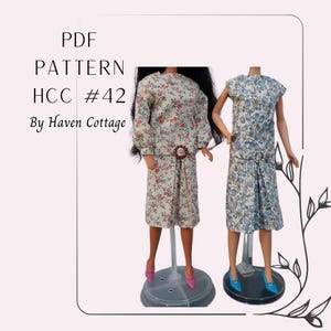 HCC #42 PDF Pattern for 11 1/2&quot; female fashion doll, 1920&#39;s style dress with long or short sleeve and pleated front skirt