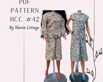 HCC #42 PDF Schnittmuster für eine 29 cm große weibliche Modepuppe, Kleid im 20'er Jahre Stil mit langen oder kurzen Ärmeln und plissiertem Rock vorne
