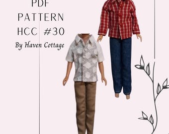 Puede incluir: Patrón PDF para un atuendo de muñeca, con dos camisas diferentes. Una camisa es de cuadros rojos y blancos, la otra es blanca con un patrón geométrico negro. El patrón se llama HCC #30 de Haven Cottage.