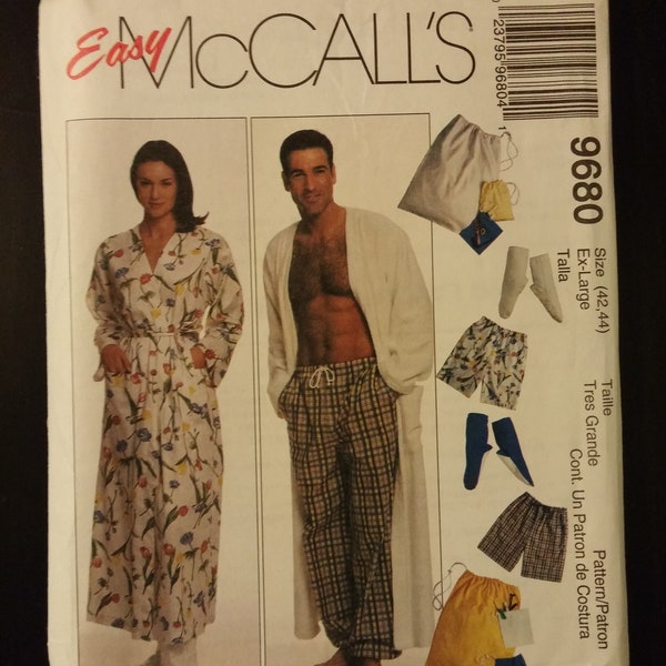 Easy McCalls 9680 XL(42,44) unisex robe, pull on pants/shorts, bootees and pouch pattern, uncut