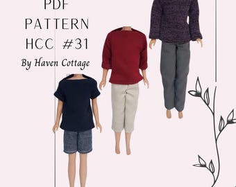 HCC #31 Patrón PDF para muñeca de moda para niño 1:6, camiseta con cuello barco y pantalones en 3 longitudes