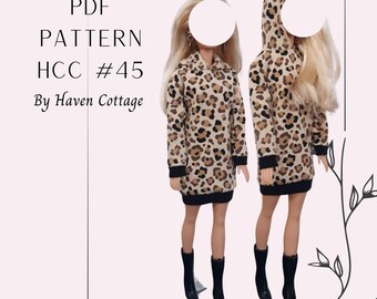Può includere: Modello PDF per un vestito con cappuccio con stampa leopardata, etichettato "HCC #45" da Haven Cottage.