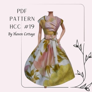 HCC #19 PDF Pattern for 11 1/2&quot; fashion doll, pleated asymmetrical bodice dress with full gathered skirt