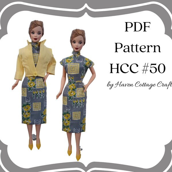 HCC #50 PDF Pattern for 1:6 female fashion doll, dress with neck scarf and jacket