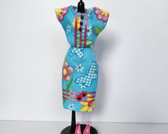 Butterflies and Flowers Blue Dress for 11 1/2" fashion dolls
