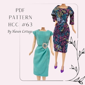 May include: PDF pattern for a dress, labeled "HCC #63" by Haven Cottage. Two dolls are wearing the dress in different colors and patterns. One dress is teal blue and the other is a floral print with pink, blue, and green flowers.
