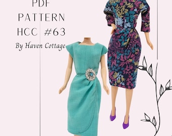 HCC #63 PDF Schnittmuster für 28 cm große Modepuppe, Kleid mit U-Ausschnitt und drapiertem Vorderrock
