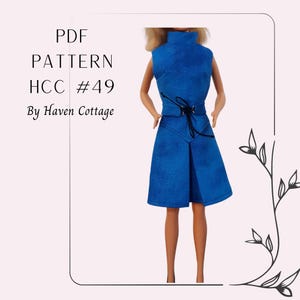HCC #49 PDF Pattern for 11 1/2&quot; female fashion doll, semi fitted dress with collar and yoked, pleated skirt