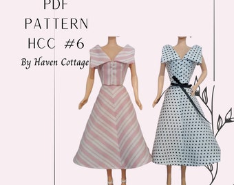 Pode incluir: Padrão PDF para um vestido de boneca, com dois estilos diferentes. Um vestido é listrado de rosa e branco, o outro é branco com bolinhas pretas. O padrão é chamado HCC #6 de Haven Cottage.