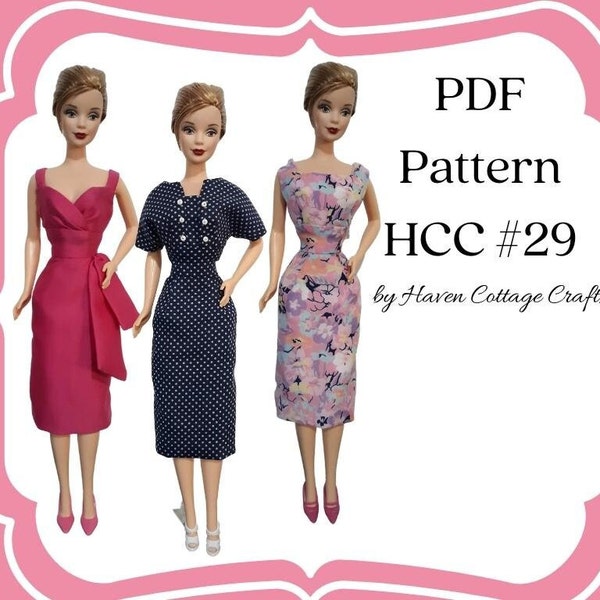 HCC #29 PDF-patroon voor 1:6 vrouwelijke modepop, middenrifjurk met 3 lijfjestijlen en een basisrok