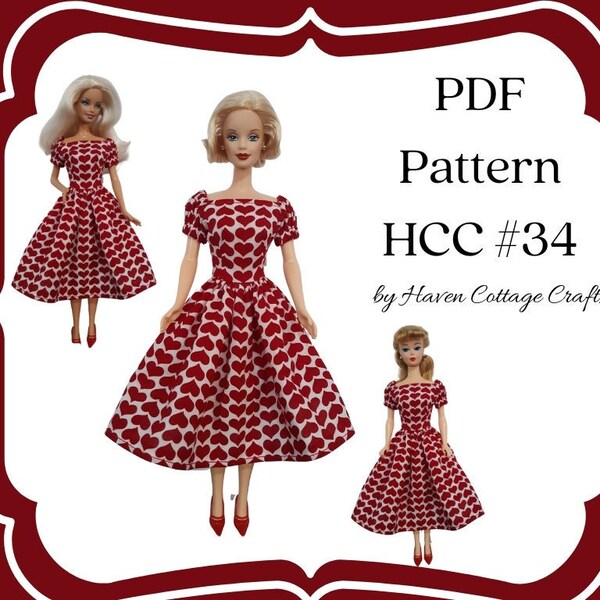 HCC #34 Patron PDF pour poupée mannequin femme 1:6, robe de soirée raglan à manches bouffantes