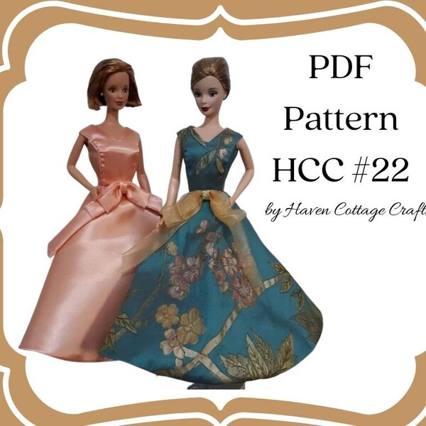 HCC #22 PDF Pattern for 1:6 female fashion doll, Formal Gown with Large Skirt Bow