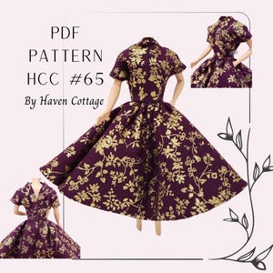 以下が含まれることがあります： ドールドレスのPDFパターン、ヘブンコテージのHCC #65。ドレスは、紫と金のフローラルプリントで、フィットしたボディスとフルスカートです。