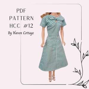 HCC #12 PDF Pattern for 11 1/2&quot; fashion doll, v trim dress with front bow
