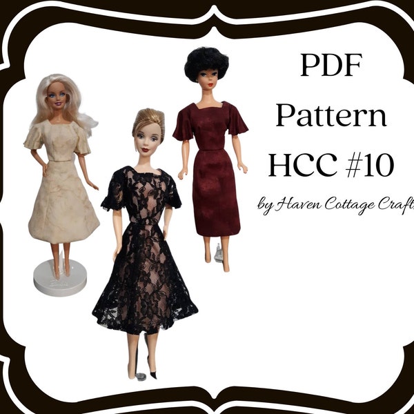 HCC #10 PDF Pattern for 1:6 female fashion doll, Flutter Sleeve Dress 3 ways