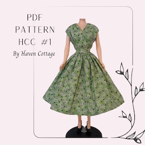 HCC #1 PDF Pattern for 11 1/2&quot; fashion doll, gathered bodice dress with inset waist
