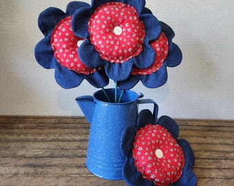 Patriotic Blue and Red Fabric Flower