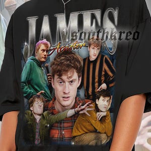 May include: Black t-shirt featuring a collage of images and the text "JAMES" in a silver, distressed font. The shirt has a vintage aesthetic, with multiple images of a person in various poses. The brand name "southkreo" is also visible.