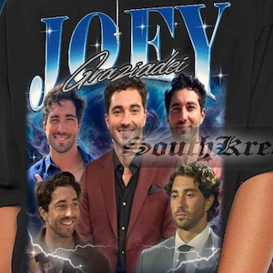 May include: Black oversized t-shirt with a graphic print of Joey from the show Friends. The graphic features a collage of different photos of Joey with the text "Joey" and "Grande" printed on the shirt.