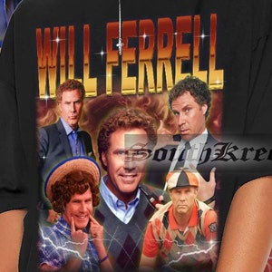May include: A black t-shirt with a collage of images of Will Ferrell in different roles. The shirt has the text "Will Ferrell" printed in a bold, yellow font. The background of the shirt is a black and orange design with lightning bolts.