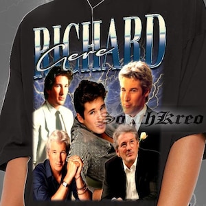 May include: Black oversized t-shirt with a vintage-style graphic of Richard Gere. The graphic features multiple images of Richard Gere in different poses, with the text "Richard Gere" in a blue and white gradient.