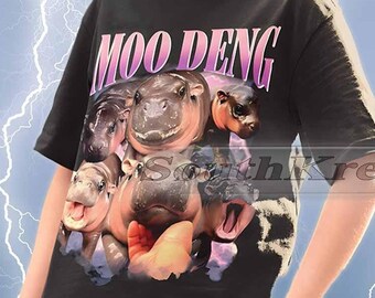 Camiseta retro de Moo Deng para hombre y mujer, camiseta de luna de Moo Deng, camiseta de rap pirata, camiseta de hipopótamo pigmeo bebé, camiseta de rap pirata de Moo Deng