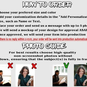 May include: A graphic with instructions on how to order a custom product. The text includes steps to choose size and color, add personalization, and send photos. A photo guide shows examples of acceptable and unacceptable photos.