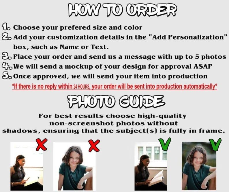 May include: A graphic with instructions on how to order a custom product. The text includes steps to choose size and color, add personalization, and send photos. A photo guide shows examples of acceptable and unacceptable photos.