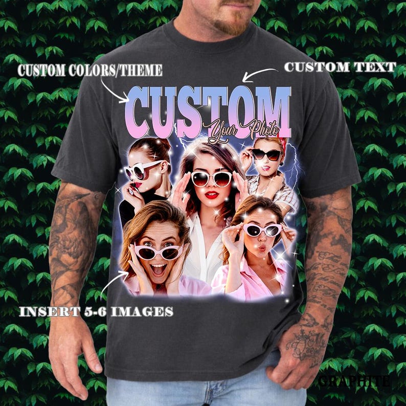 Close up of personalized girlfriend face bootleg graphic on custom boyfriend shirt