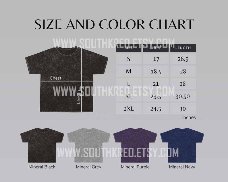 May include: Size and color chart for t-shirts with measurements in inches.  The chart shows sizes S, M, L, XL, 2XL with corresponding chest and length measurements.  The colors available are Mineral Black, Mineral Grey, Mineral Purple, and Mineral Navy.