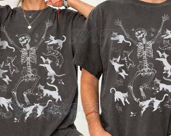Skeleton and Cats Graphic T-Shirt: Hand-Dyed 100% Cotton Tee, Dancing Skeleton Shirt, Skeleton Cat Graphic Tee