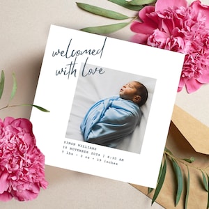 Plantilla Canva personalizable para anuncio de bebé, tarjeta de anuncio de nacimiento editable, recuerdo digital para recién nacidos, diseño de foto de bebé personalizado