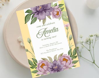 Floral Purple & Wildflower Birthday Invitation Canva Template | Girl Birthday Invites | Editable Instant Download