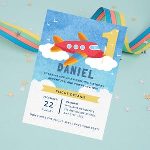 Flugzeug-Geburtstagseinladungsvorlage, bearbeitbare Kinderparty einladen, erster Geburtstag druckbar, Canva-Vorlage, Luftfahrt-Thema-Geburtstagsfeier