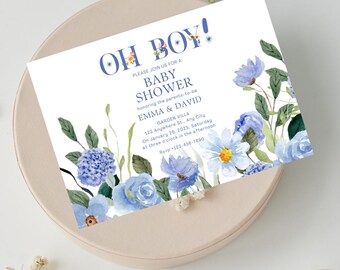 Floral Blue Baby Shower Invitation: Oh Boy Canva Template (Digital Download)