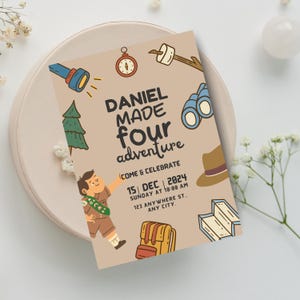Faire-part d'anniversaire aventure, modèle modifiable thème scout, camping party pour enfants, carte d'anniversaire imprimable personnalisée, modèle canva