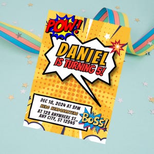 Editable Superhero Birthday Invitation, Comic Book Theme Birthday Invites, Editable Kids Party Card, Fun Printable Kids Birthday Card, Canva