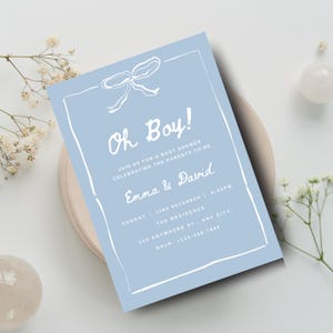Invitation de baby shower Oh Boy, carte de baby shower bleu minimaliste, modèle de toile modifiable, invitation de baby shower imprimable