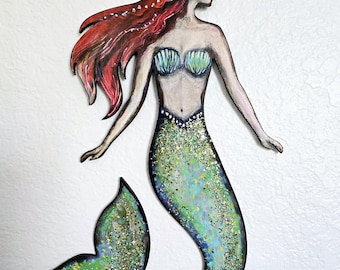 Arte original de madera de sirena con purpurina, decoración costera