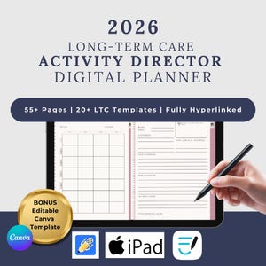 以下が含まれることがあります： 2026年版のデジタルプランナー。長期ケア活動ディレクター向けで、55ページ以上、20以上のLTCテンプレートを収録。完全ハイパーリンク対応。編集可能なCanvaテンプレート付き。iPad対応。