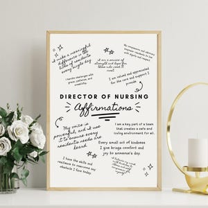 Może przedstawiać: Oprawiony wydruk z napisem "Director of Nursing Affirmations" w czarnym tekście. Wydruk zawiera odręczne afirmacje dotyczące opieki i współczucia. Rama jest w kolorze jasnego drewna.