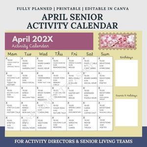 May include: A printable April Senior Activity Calendar with daily schedules for senior living teams. The calendar features a purple header with the text "April 202X Activity Calendar" and a floral stamp. Activities include chair exercise, bingo, and trivia.