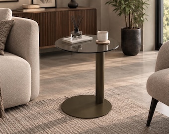 Table d'appoint moderne en verre trempé, structure en métal, résistante à la rouille (hauteur 50 cm)