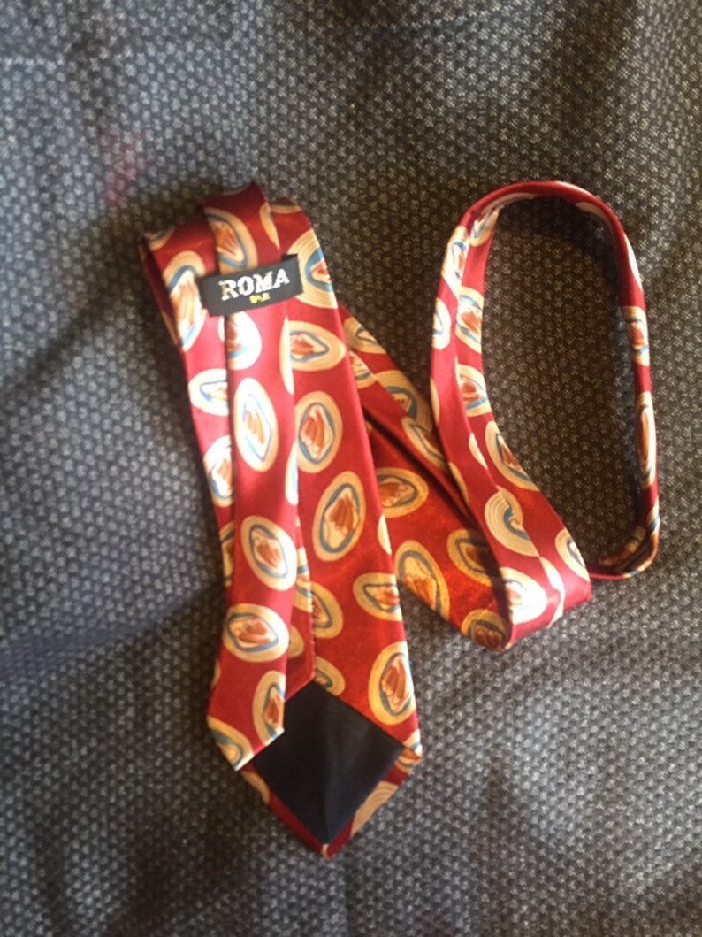 100/% silk tie red looks like bacon and toast on a plate food necktie
