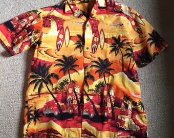 Yellow Aloha shirt by Royal Creations Vintage Aloha Tiki Hawaiian Black shirt 100% cotton M medium surfboards woody-car panel